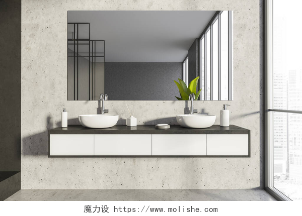 简约风格装修的厕所室内有镜子,灰色的石墙上有架子,两个水槽和洗浴用具.全景全景。现代室内设计的概念。3d渲染